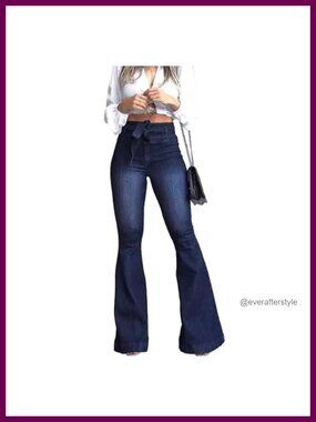 High Waisted Flare Jeans Bell Bottom Wide Leg Stretch Denim with Belt